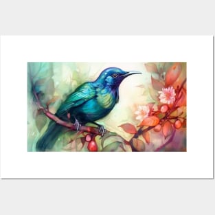 Watercolour bird on a branch Posters and Art